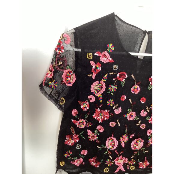 Zara Women's Boho Floral Embroidered Mesh Tulle Blouse Top Black Size Small - Picture 4 of 10